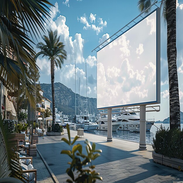 Photo blank billboard by a coastal road with palm trees overlooking a serene ocean and distant mountains