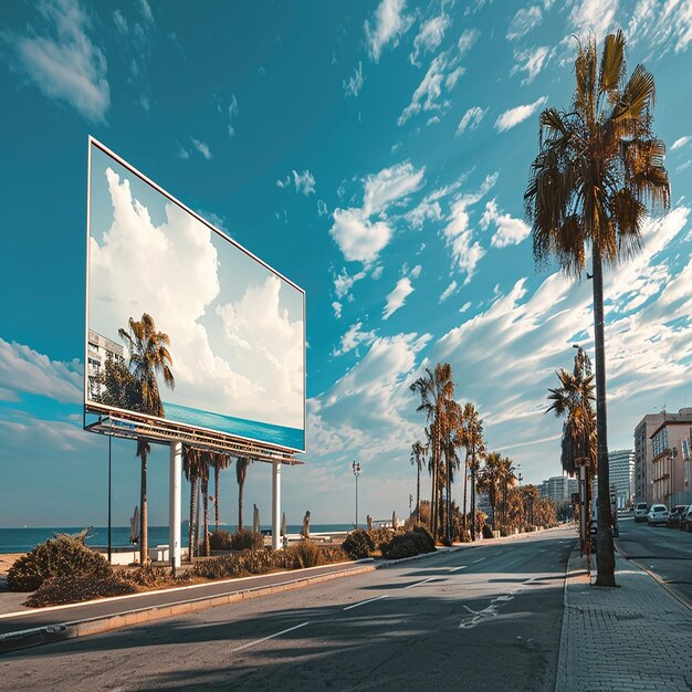 Photo blank billboard by a coastal road with palm trees overlooking a serene ocean and distant mountains