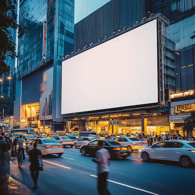 Blank billboard city street night cars pedestrians buildings