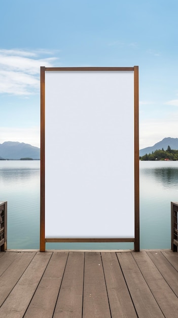 Blank billboard dramatically positioned at the end of a pier overlooking a tranquil lake