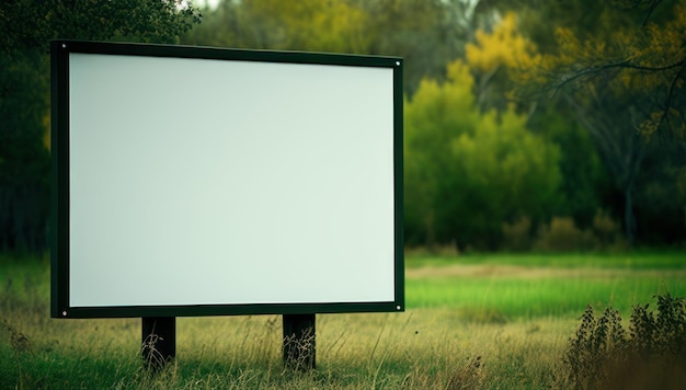 A blank billboard in a field with trees in the background