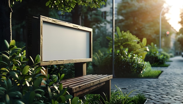 a blank billboard in front of a glass wall with a wooden frame