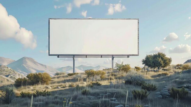 Photo blank billboard on a hill with a view of mountains and blue sky with clouds