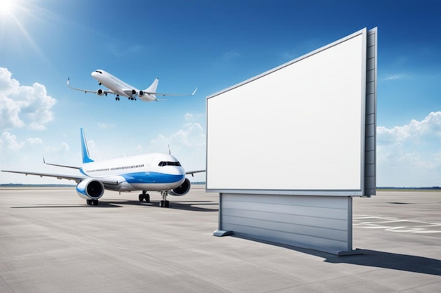 blank billboard mockup in an airport with aero planes in the background photo realistic