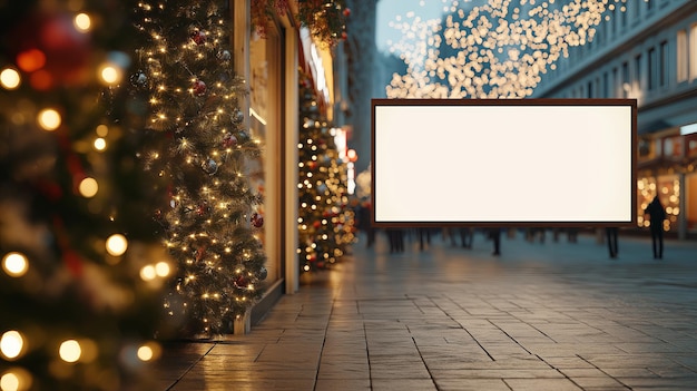 Photo blank billboard mockup on the street with christmas decorations on the street