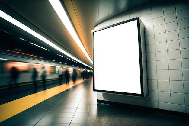 Blank billboard on a subway wall with a blurred background