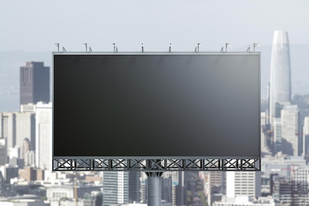 Blank black billboard on cityscape background front view Mock up advertising concept