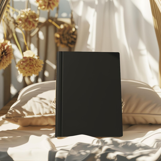 Photo blank black book cover mockup on bed with soft pillows and dahlia flowers in morning light