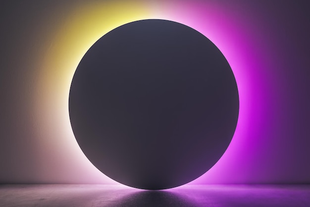 Blank black circle with place for your logo illuminated by yellow and purple lights with shadows on concrete floor at empty wall backdrop 3D rendering mock up