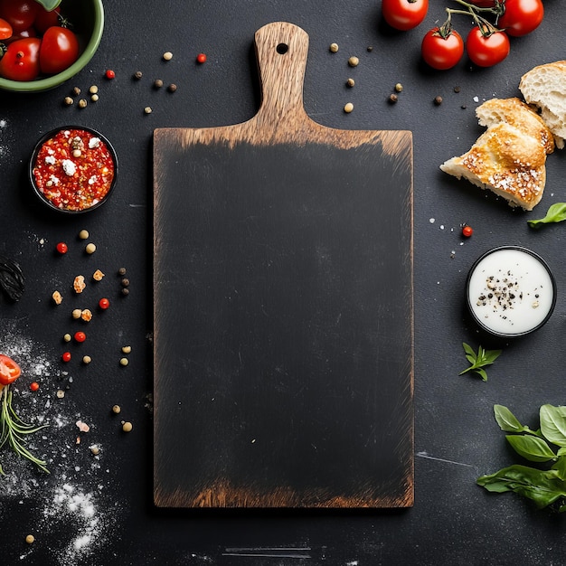 Blank black cutting board with various ingredients around