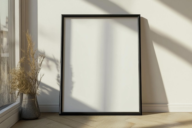 Photo blank black frame in minimalist room