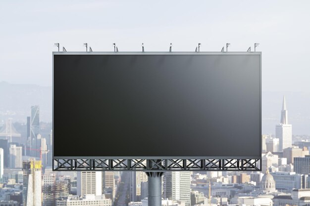 Blank black horizontal billboard on cityscape background front view Mockup advertising concept