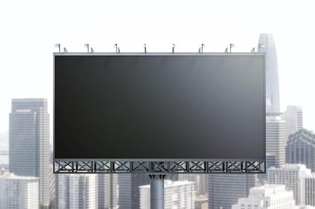 Blank black horizontal billboard on skyline background, front view. Mock up, advertising concept