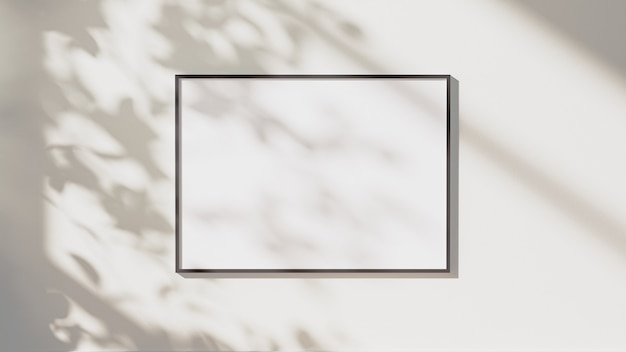 Blank black horizontal frame mock up with leaves shadows and sunlight on white wall background, 3d rendering