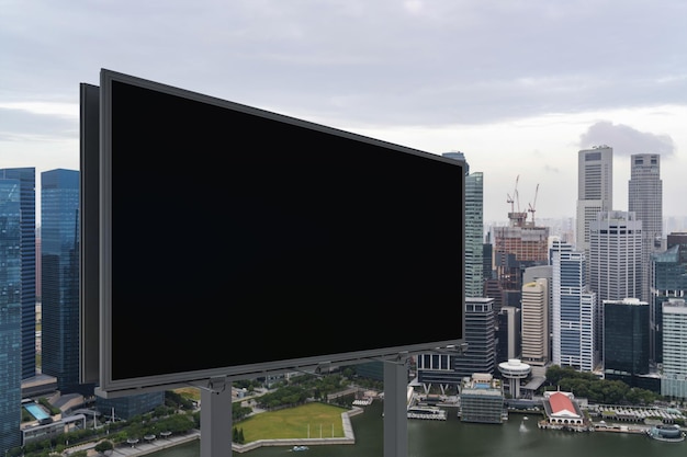 Blank black road billboard with Singapore cityscape background at day time Street advertising poster mock up 3D rendering Side view The concept of marketing communication to sell idea