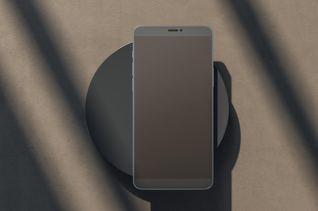 Blank black smartphone display on black cylinder at abstract sunny concrete background Realistic cell phone mockup 3D rendering