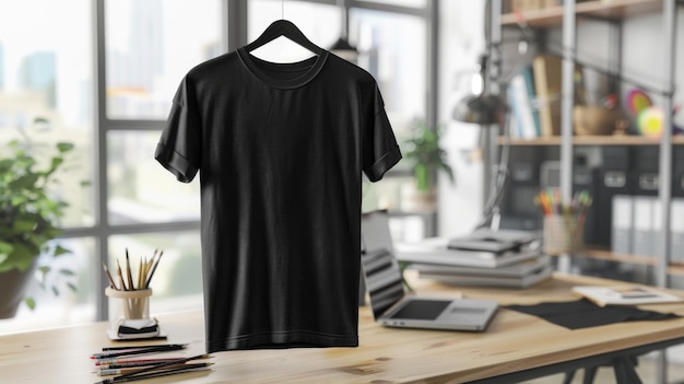 Blank Black TShirt Mockup in a Creative Workspace Ideal for Branding and Fashion Design Showcases