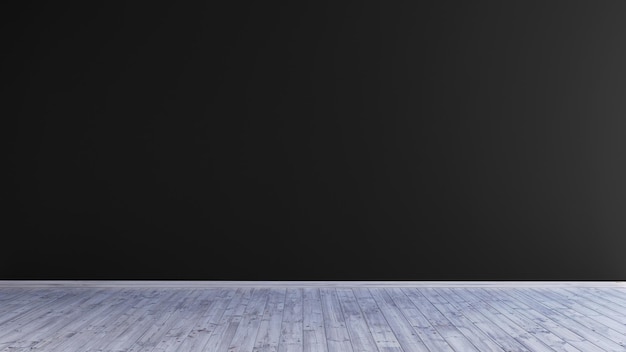 Blank black wall with wooden floor 3d rendering illustration backdrop for mockup scene.