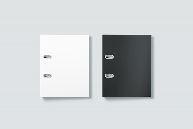 Blank black and white ring binder folder cover mockup top view