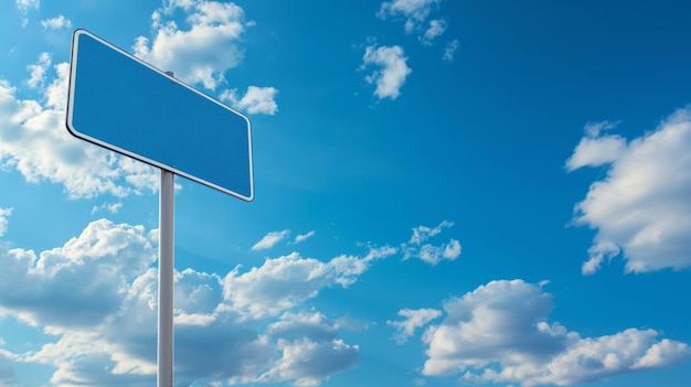 Blank blue traffic sign against blue sky background with white clouds Mockup traffic sign with copy space