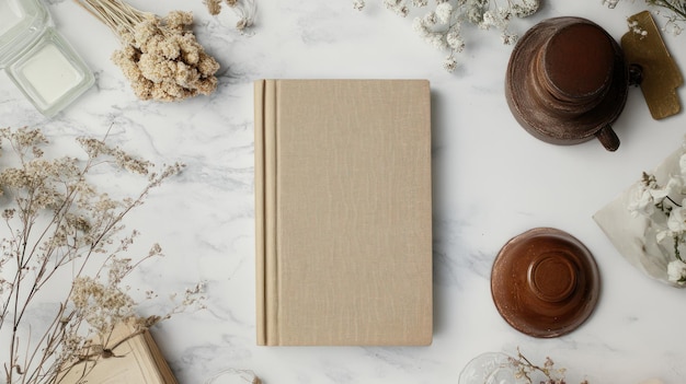 Photo blank book mockup on marble background