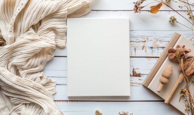 Photo a blank book on a rustic wooden table with autumnal accents