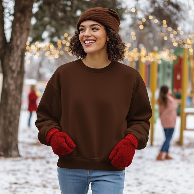 Photo blank braun gildan 18000 sweatshirt mockup woman in pigtails and beanie red mittens walking in park