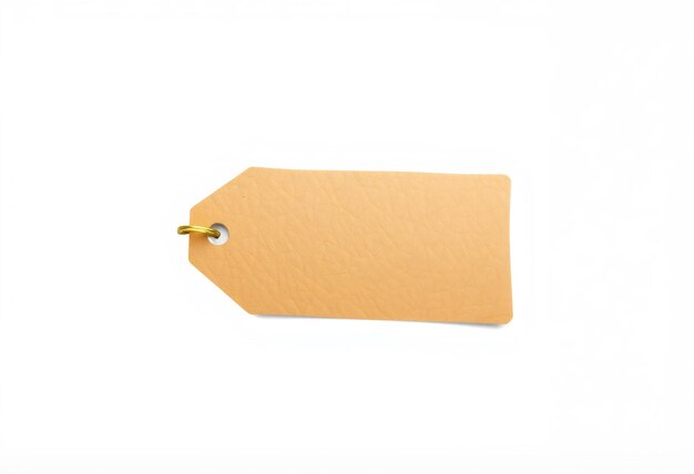 Photo blank brown paper tag with a gold metal ring on a white background