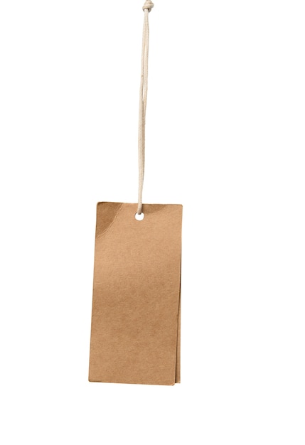 Blank brown rectangular brown paper tag on a rope isolated on white background, template for price, discount