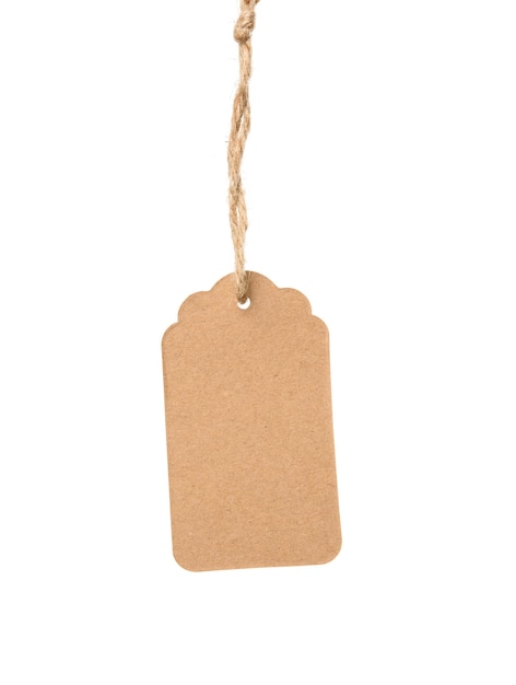 Blank brown rectangular brown paper tag on a rope isolated on white background, template for price, discount