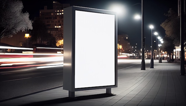 Blank bus stop advertising billboard in the city at night