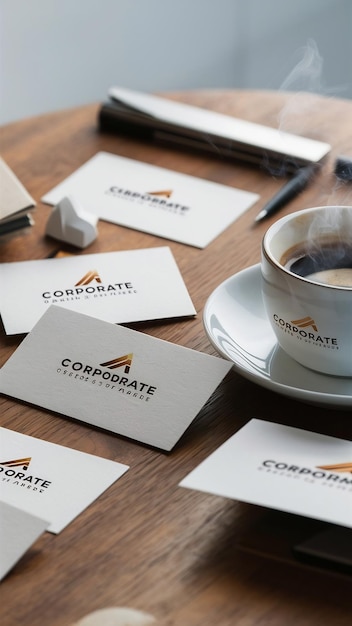 Blank business cards and cup of coffee on wooden table corporate stationary branding mock up