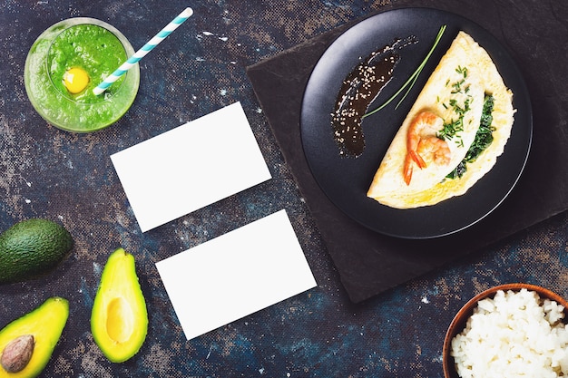 Photo blank business cards in a sushi bar scene