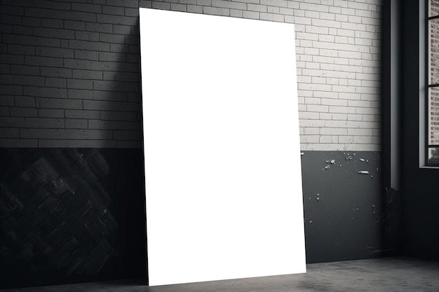 A blank canvas against a brick wall is in a dark room.