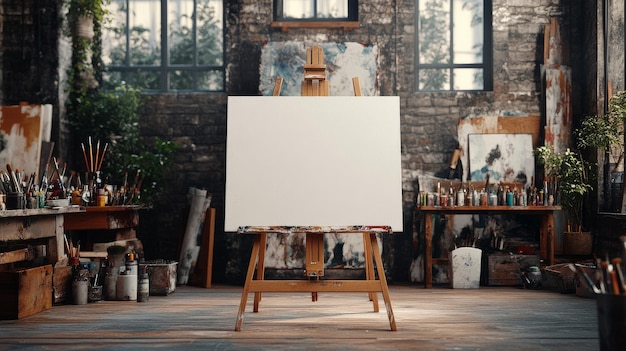 Photo blank canvas on easel in artist39s studio with supplies