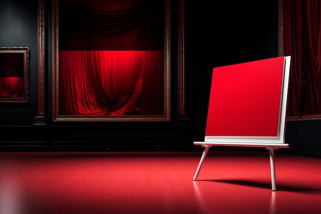 blank canvas on easel in front of a red carpet and metal railings at a theatre