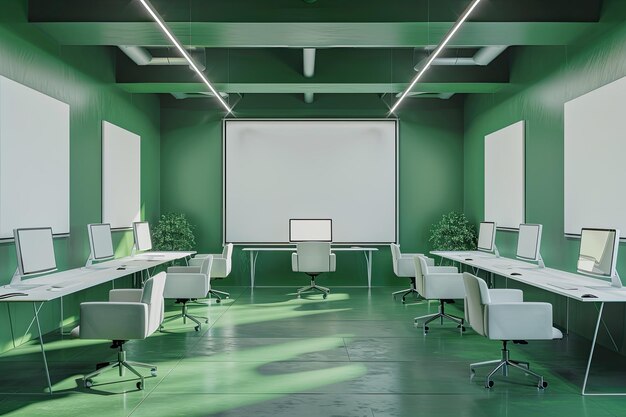 Blank canvas in green office with computers and white armchairs