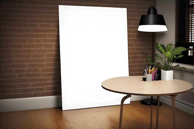 A blank canvas is on a wall in a room with a table and a lamp.