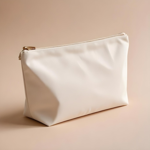 Blank canvas makeup bag mockup on a beige cream background Natural sunlight