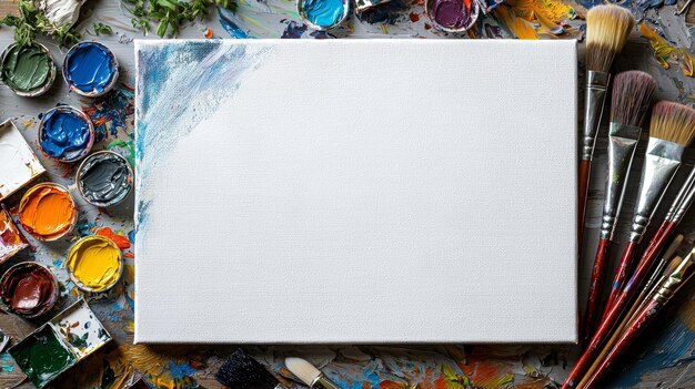 Photo blank canvas paintbrushes and paint colors for art supplies background