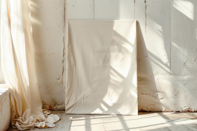 Photo blank canvas standing on wooden floor in sunlit room