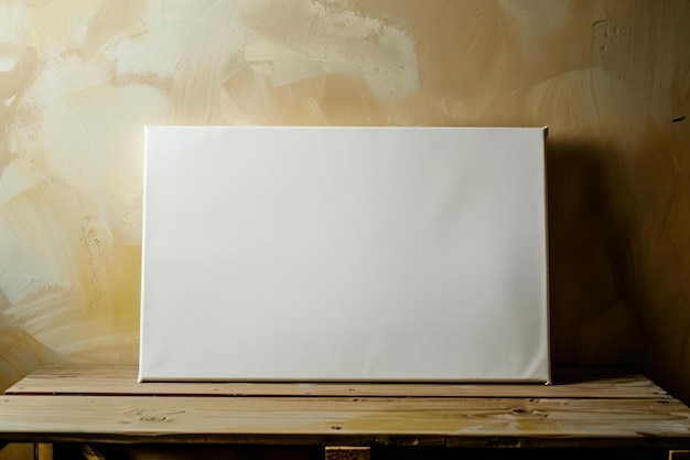 Photo blank canvas standing on wooden table against textured wall