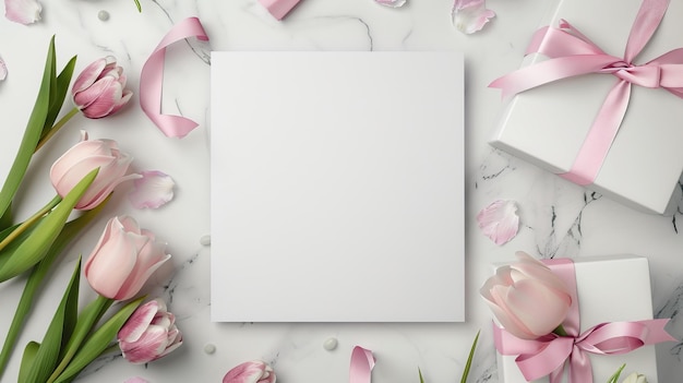 A blank canvas surrounded by pink tulips and gift boxes on a marbled background