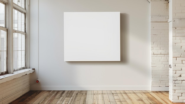 a blank canvas on a wall in a room with a lamp and a lamp