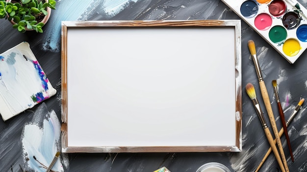 Photo blank canvas with art supplies on artistic background ready for creative projects