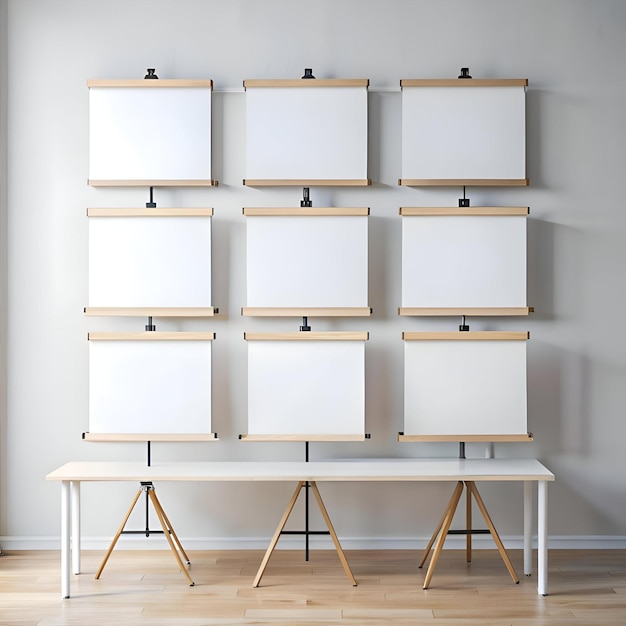 Photo blank canvases mounted on easels and a white table perfect for showcasing your products or designs add your own graphic to this minimal and professional mockup