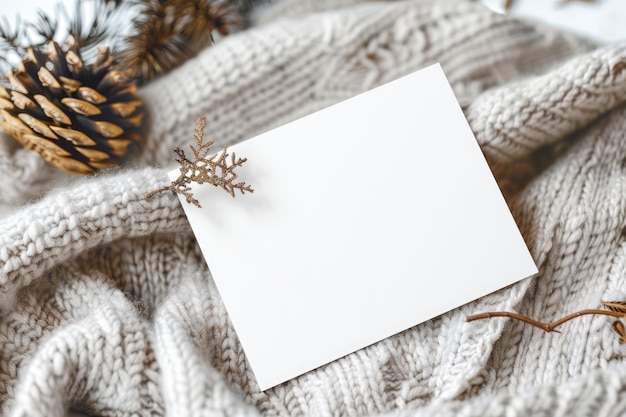 Photo blank card on cozy knitted blanket with dried flowers perfect for minimalist invitations and seasonal greetings