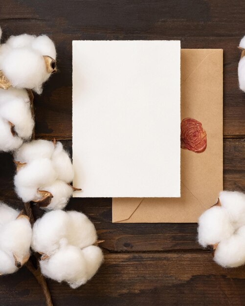 Blank card and envelope with cotton flowers top view on dark brown wood wedding mockup