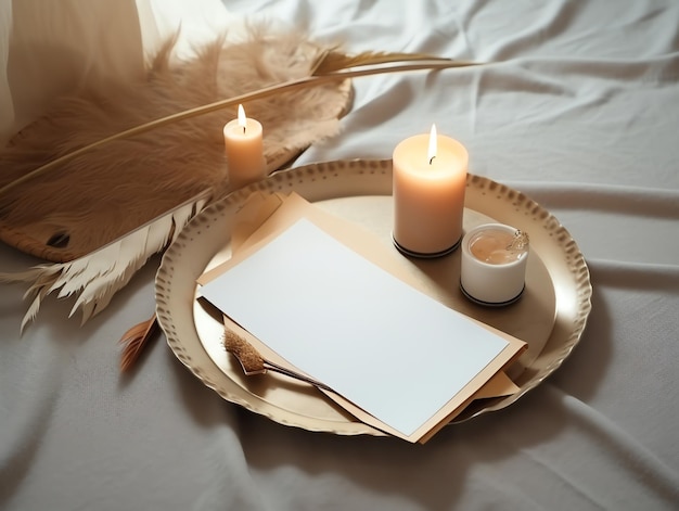 Blank card feather and candles on golden tray on white bedding