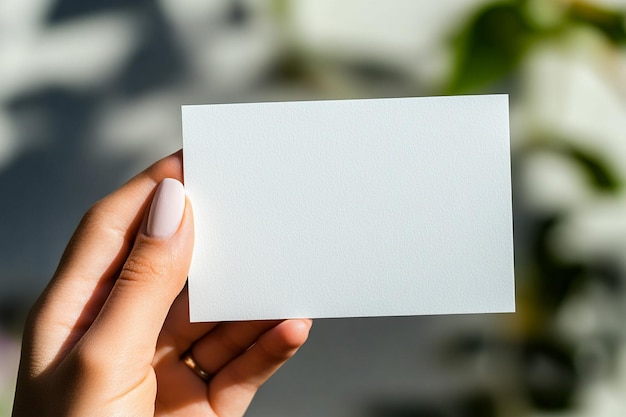 Photo blank card held by a womans hand